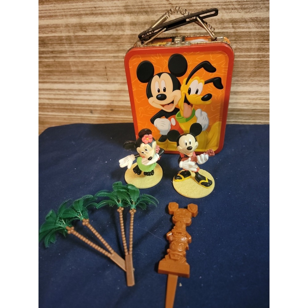 Disney Mickey Minnie Hawaiian Luau Cake Topper Lot Pluto Metal Lunch Box Tin